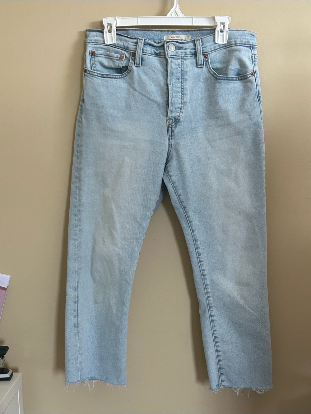Levi's Light Blue Wedgie Straight Leg/ Button Fly Frayed Ankle Jeans